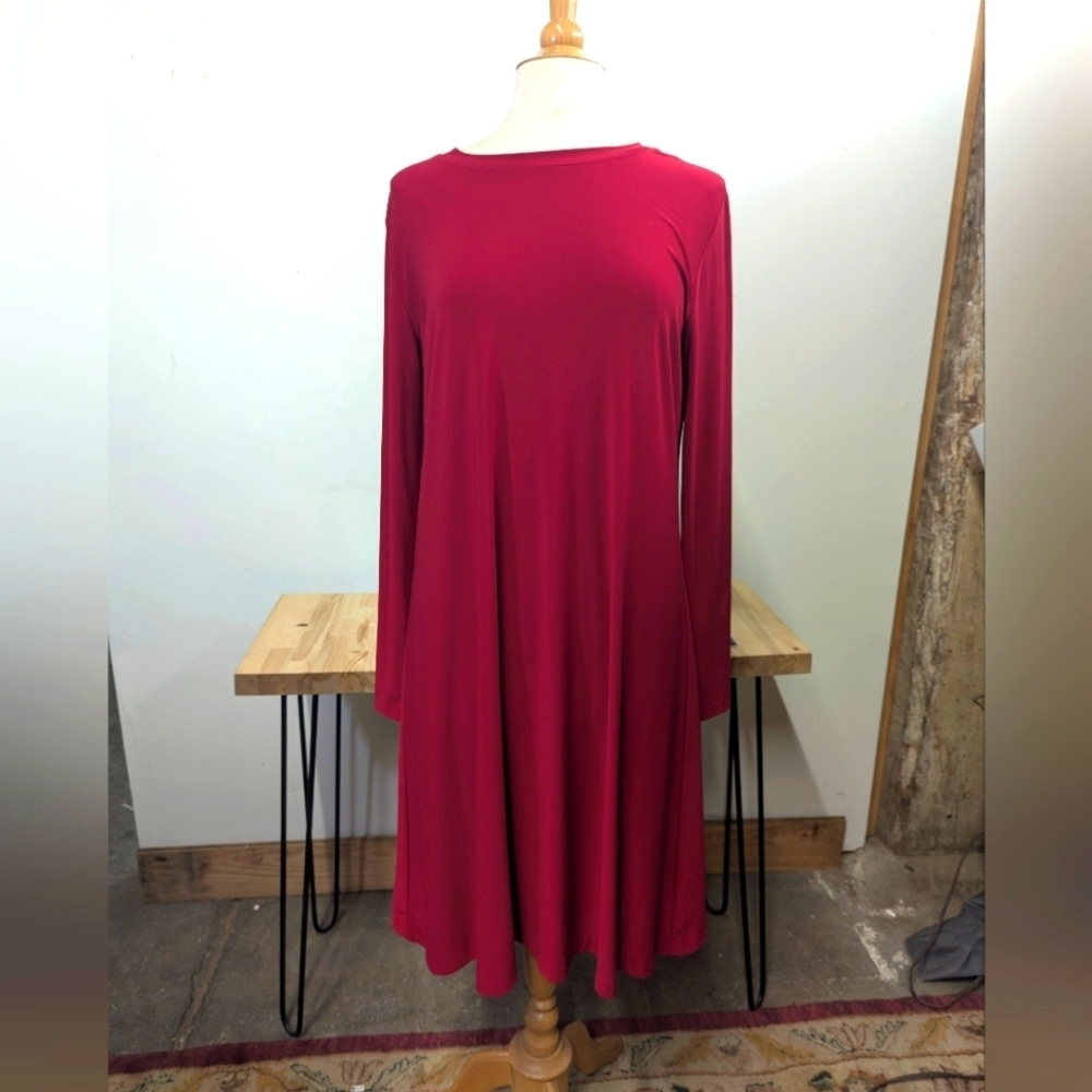 Norma Kamali Red Stretch Jersey Knit Dress Swing Long Sleeve XL Slinky Flare